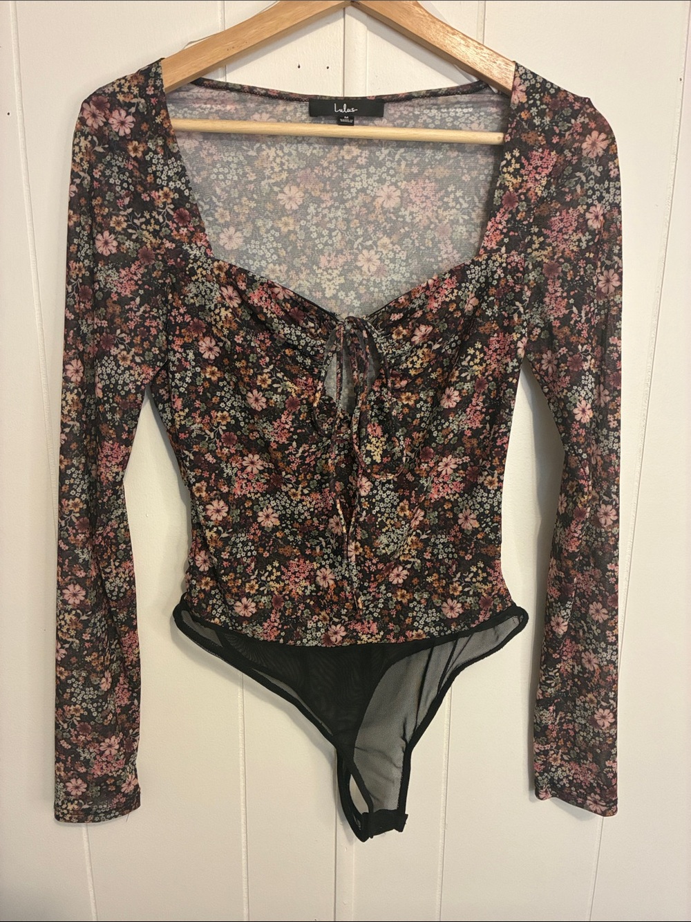 Lulu's Black Floral Long Sleeve Tie-Front Mesh Bodysuit